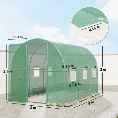 Outsunny 2 x 3 m Walk-in Polytunnel Greenhouse with Hinged Door and 6 Roll Up Mesh Windows, Garden Tunnel Warm House Tent, Green 