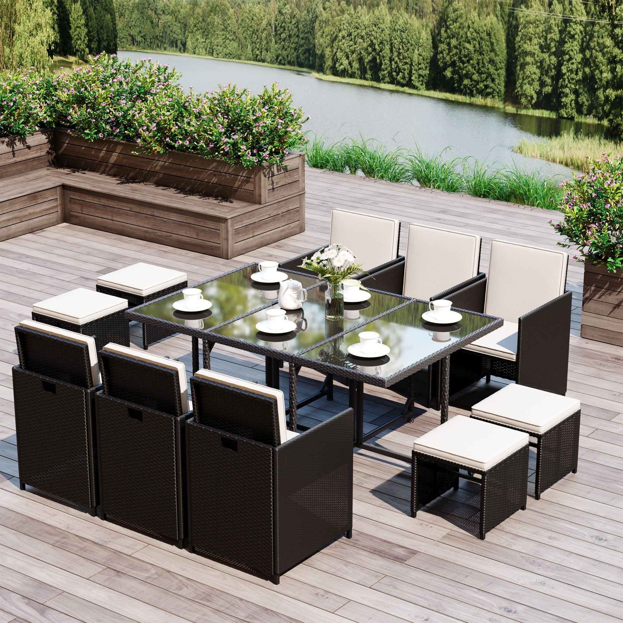 Outsunny Rattan Dining Set Garden Furniture Patio set 11 PC with Cushion Black /Milk White 