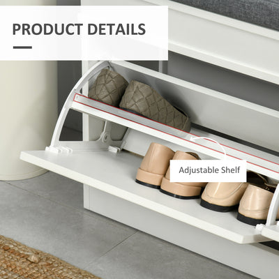 HOMCOM Shoe Storage Bench with Flip Drawers, Shoe Cabinet with Seat Cushion and Adjustable Shelf for Hallway, Entryway, Living Room, Bedroom, White 