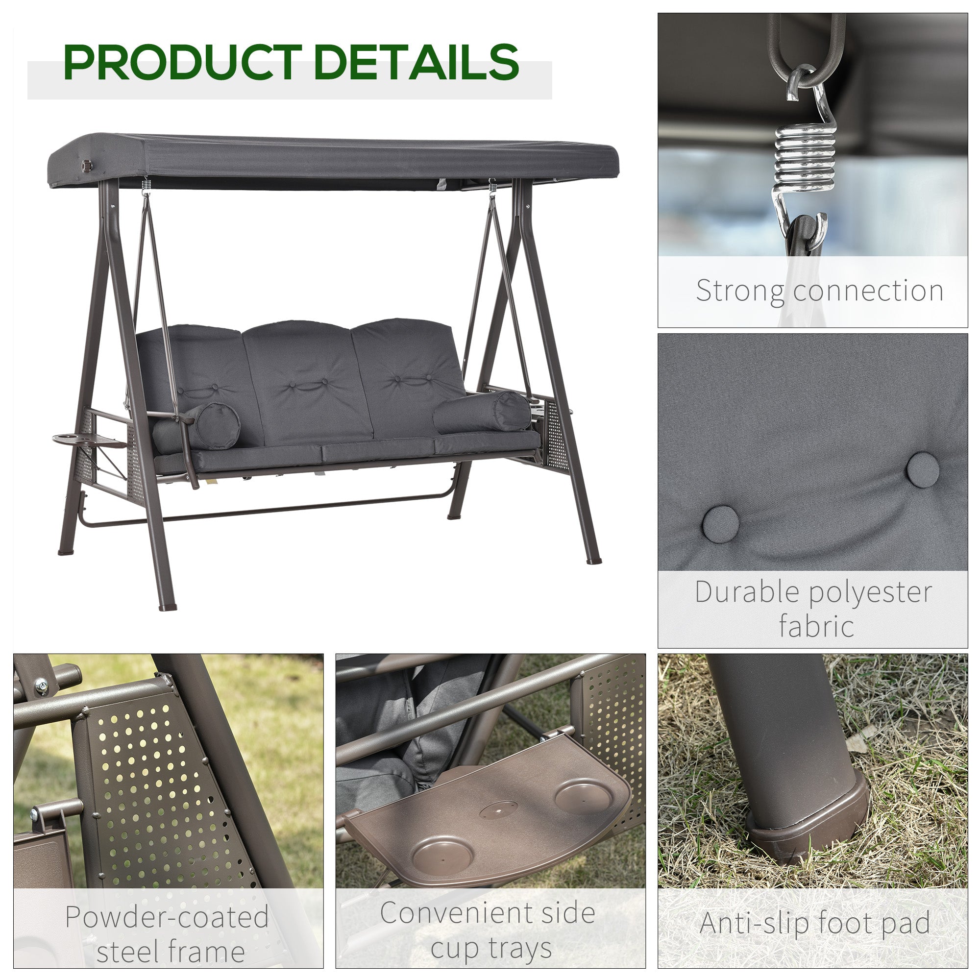 Outsunny 3 Seater Garden Swing Chair Outdoor Hammock Bench w/ Adjustable Canopy, Cushions and Cup Trays, Brown Steel Frame, Dark Grey Fabric 