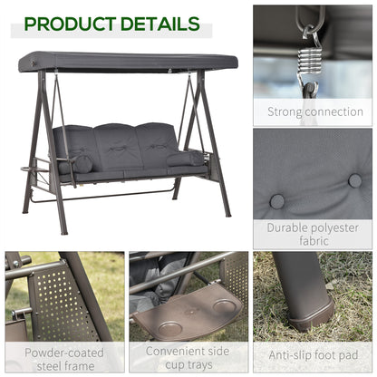 Outsunny 3 Seater Garden Swing Chair Outdoor Hammock Bench w/ Adjustable Canopy, Cushions and Cup Trays, Brown Steel Frame, Dark Grey Fabric 