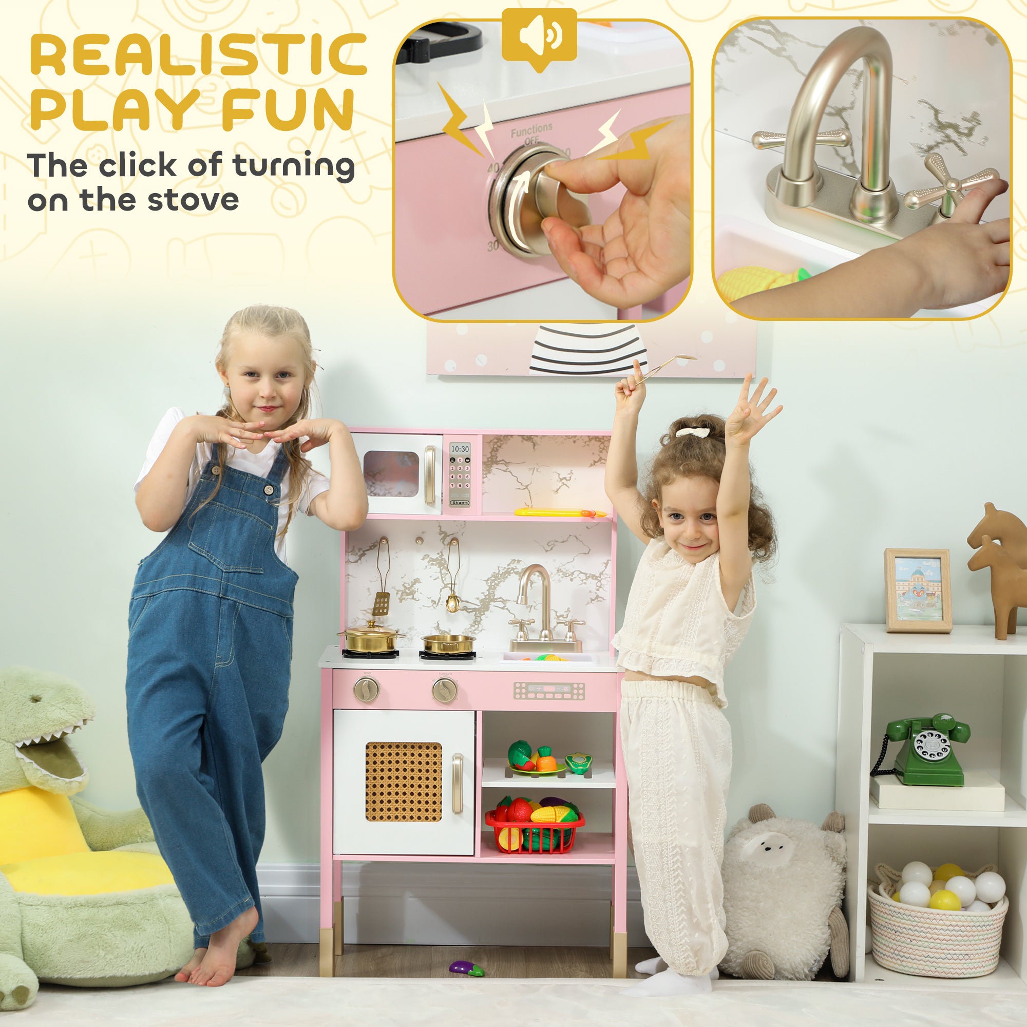 AIYAPLAY Kitchen Playset with Pretend Play Cooking Accessories, Play Kitchen with Oven, Microwave and Sink, Pink 
