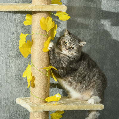 PawHut 242cm Adjustable Floor-To-Ceiling Cat Tree, with Artificial Decoration, Perches, Anti-Slip Kit - Yellow 