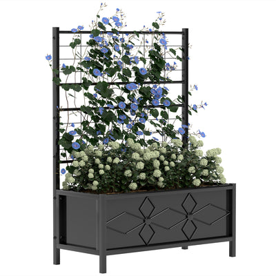 Outsunny Raised Bed for Garden with Trellis, Galvanised Planter Box with Diamond Pattern, Drainage Holes for Vegetables, Herbs and Flowers, 90 x 40 x 120 cm, Black 