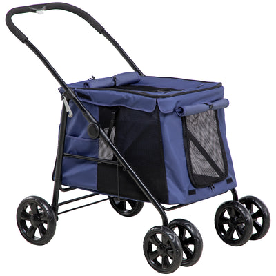 PawHut Dog Pram Dog Stroller 4 Wheels Pet Pushchair with Rolling Door, Cushion, Safety Leashes, for Small and Medium Dogs, Dark Blue 