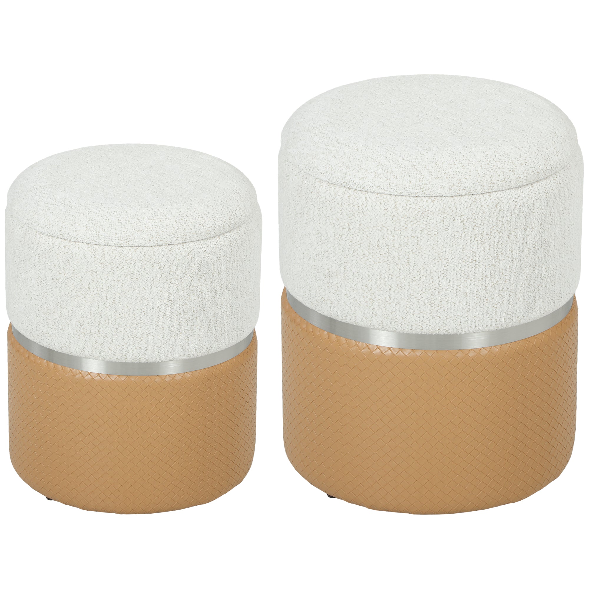 HOMCOM Nesting Round Ottoman with Storage Set of 2 - Cream/Brown 