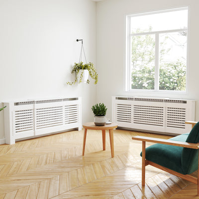 HOMCOM Set of 2 MDF Extendable Radiator Cover with Cabinet Shelving, Home Office Slatted Design, White 139-208.5L x 20.5W x 82.5H cm 