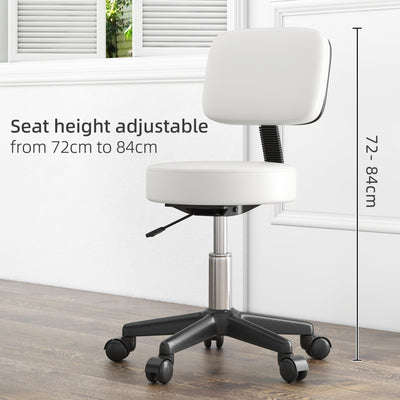 HOMCOM Beautician's Swivel Salon Chair w/ Padded Seat Back 5 Wheels Adjustable Height Salon Hairdressers Tattoo Spa Rolling Cushion Professional 48cm White 