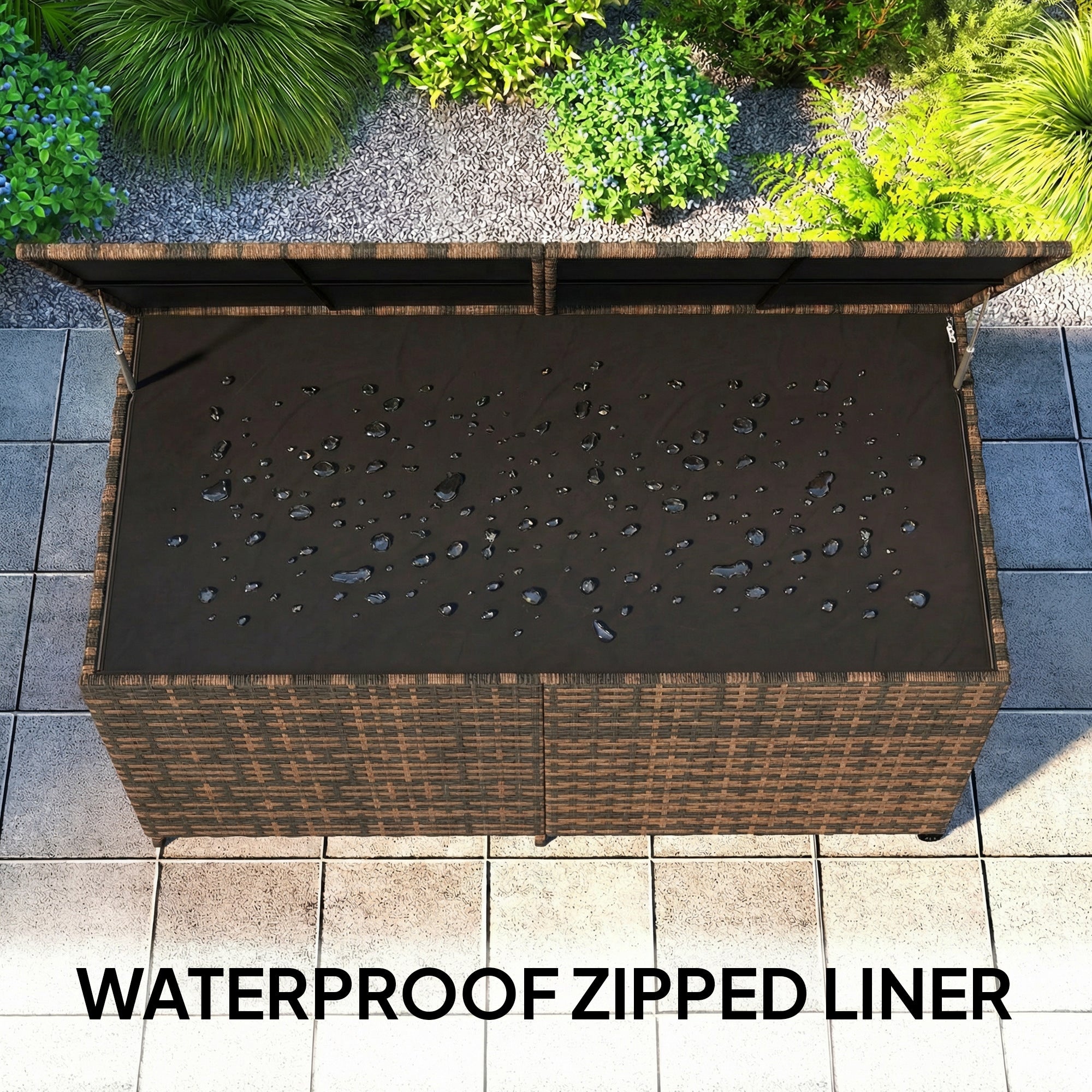 Outsunny 650L Garden Storage Box with 2 Wheels, Rattan Deck Box with Waterproof Zipped Liner, Safe Pneumatic Rods, Mixed Brown 