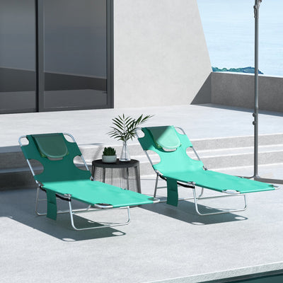 Outsunny Foldable Sun Lounger Set of 2 with Reading Hole, Portable Sun Lounger with 5 Level Adjustable Backrest, Reclining Lounge Chair with Side Pocket, Headrest Pillow, Green 