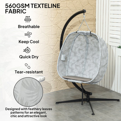 Outsunny Hanging Egg Chair Outdoor Indoor Garden Swing Chair with Folding Basket, Garden Hanging Chair with Stand, Thickened Cushion, Cup Holder for Patio, Balcony, Sand Brown