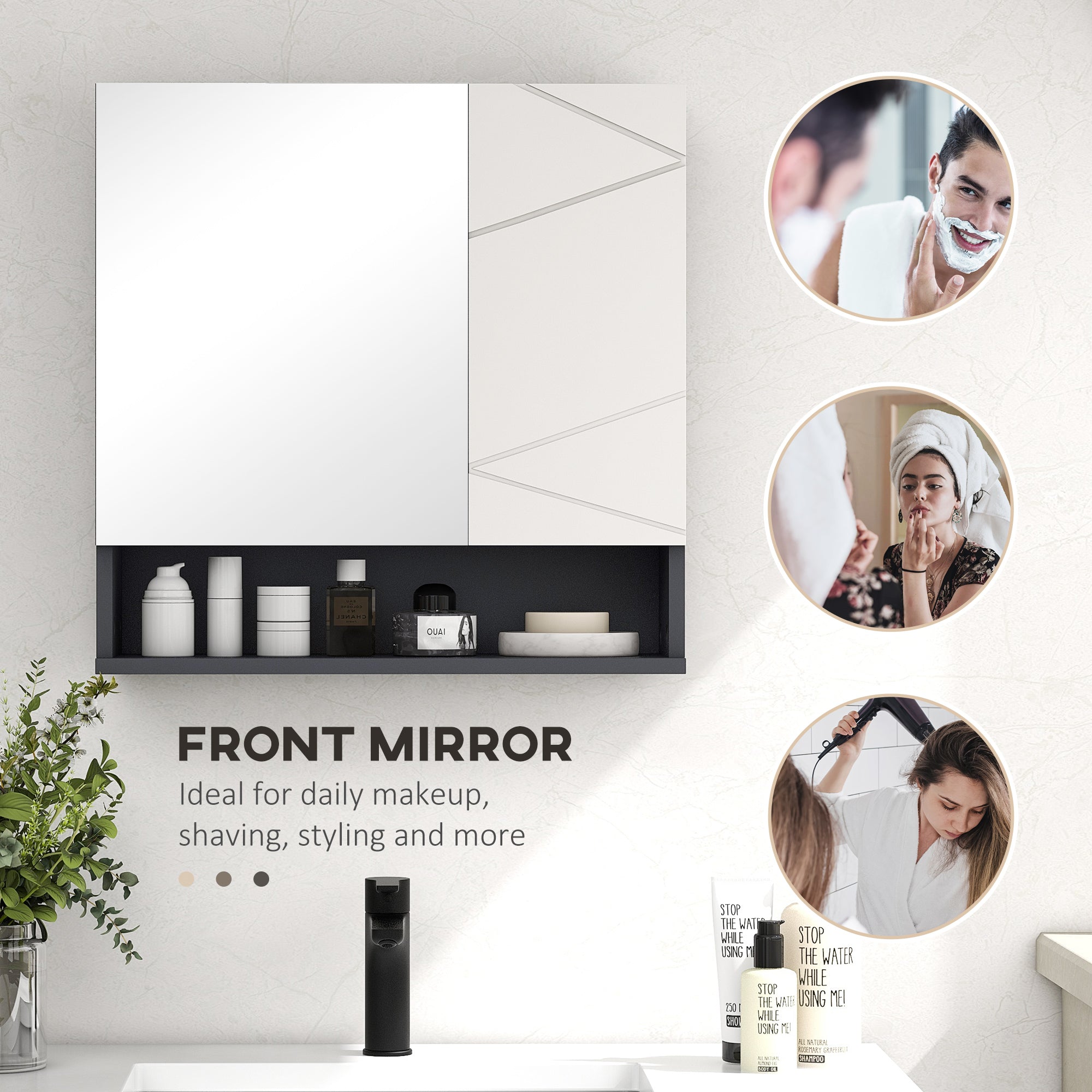 kleankin Bathroom Mirror Cabinet, Wall Mounted Bathroom Storage Cupboard with Adjustable Shelves, 55W x 17D x 55Hcm, Light Grey 