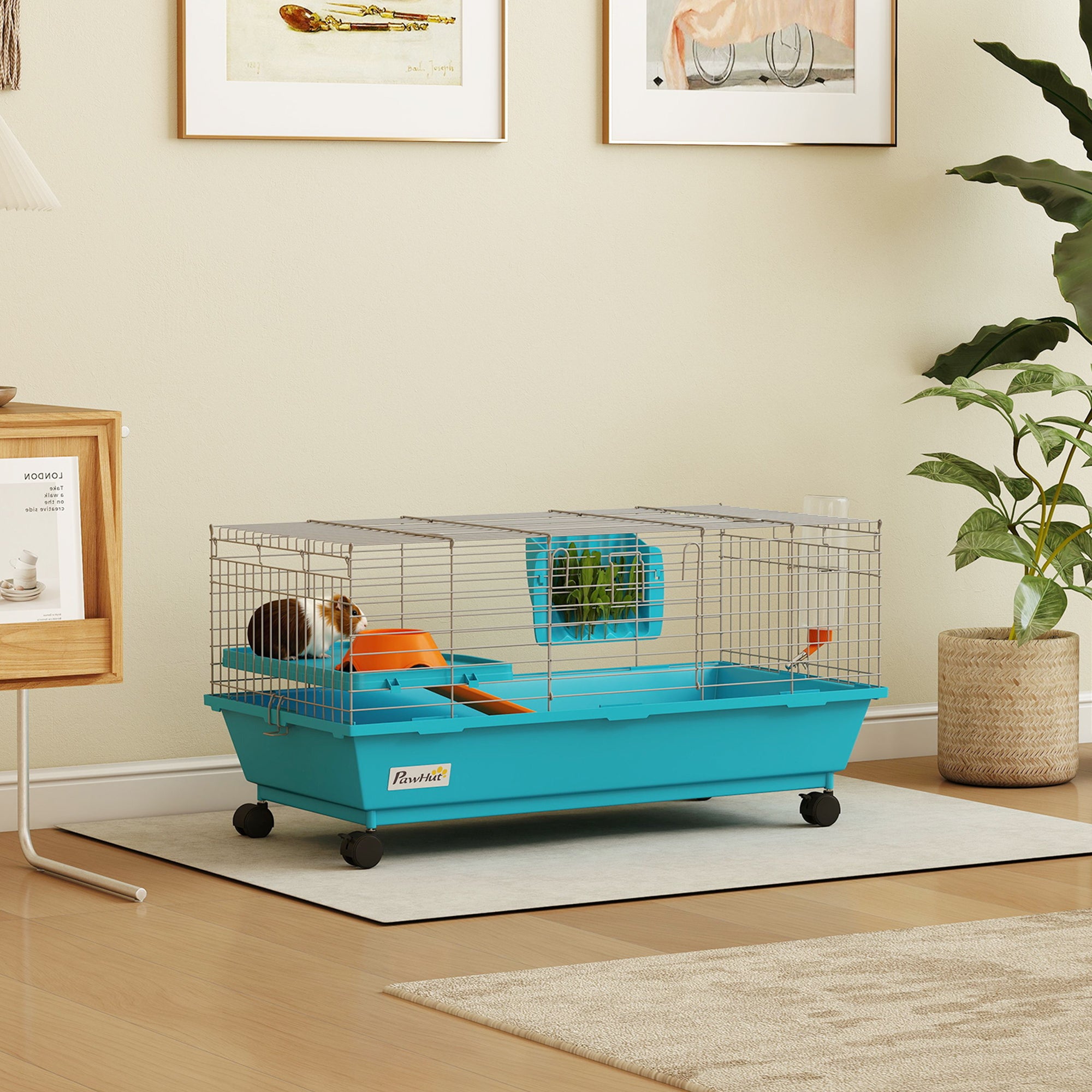 PawHut Small Animal Cage Rabbit Guinea Pigs Chinchillas Cage with Wheels Water Bottle 