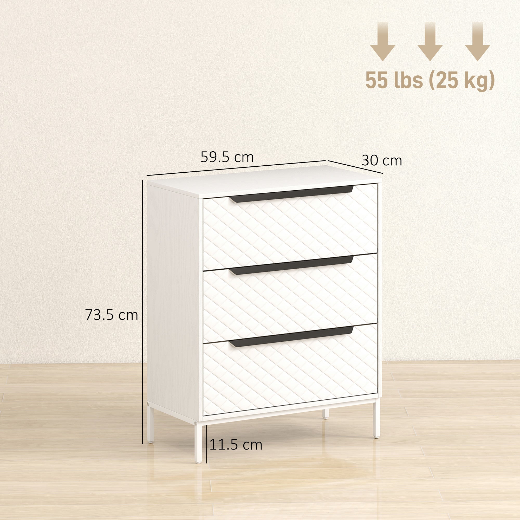HOMCOM Chest of Drawers, Dresser with 3 Fabric Drawers and Aluminium Handles - White 