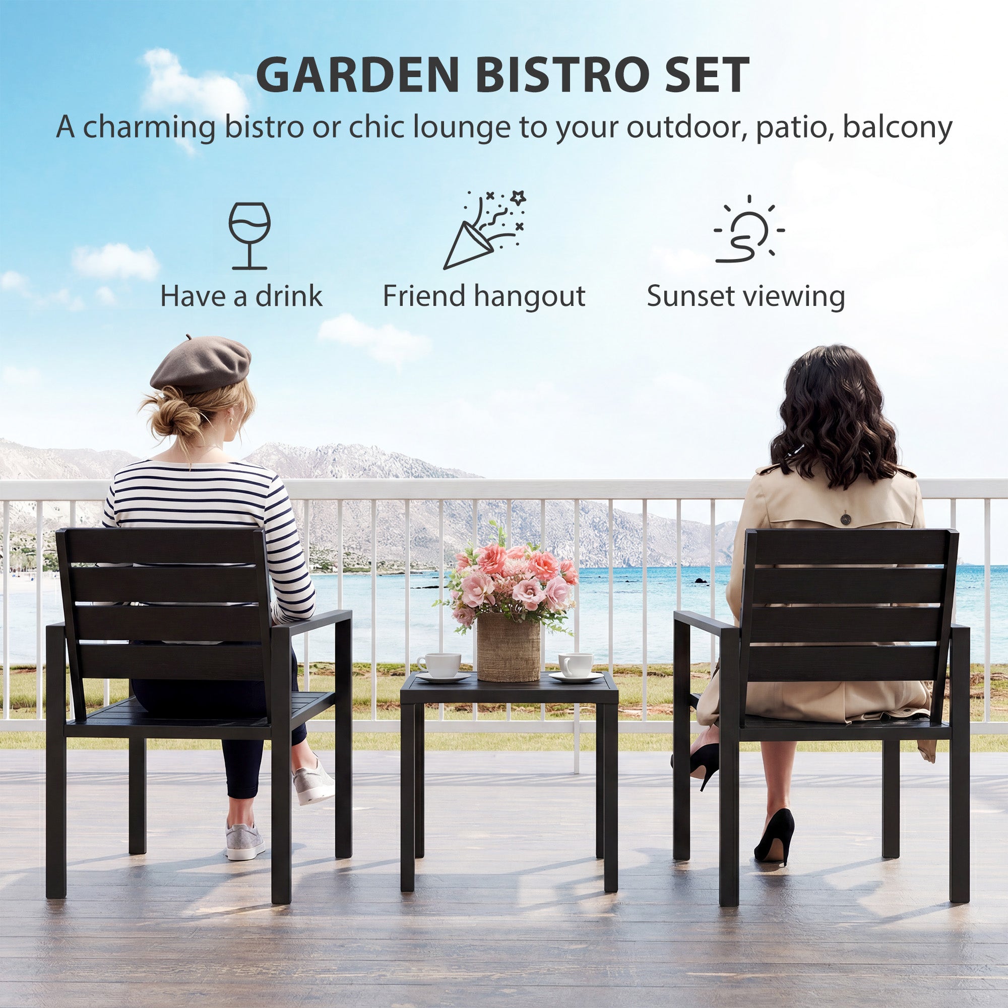 Outsunny 3 Pieces Garden Bistro Set for 2, Outdoor Bistro Table and Chairs with Metal Frame, Plastic Patio Furniture Set 