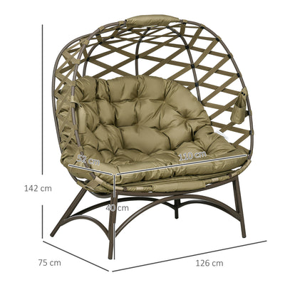 Outsunny 2 Seater Egg Chair Outdoor, Folding Weave Garden Furniture Chair with Cushion, Cup Pockets - Khaki 