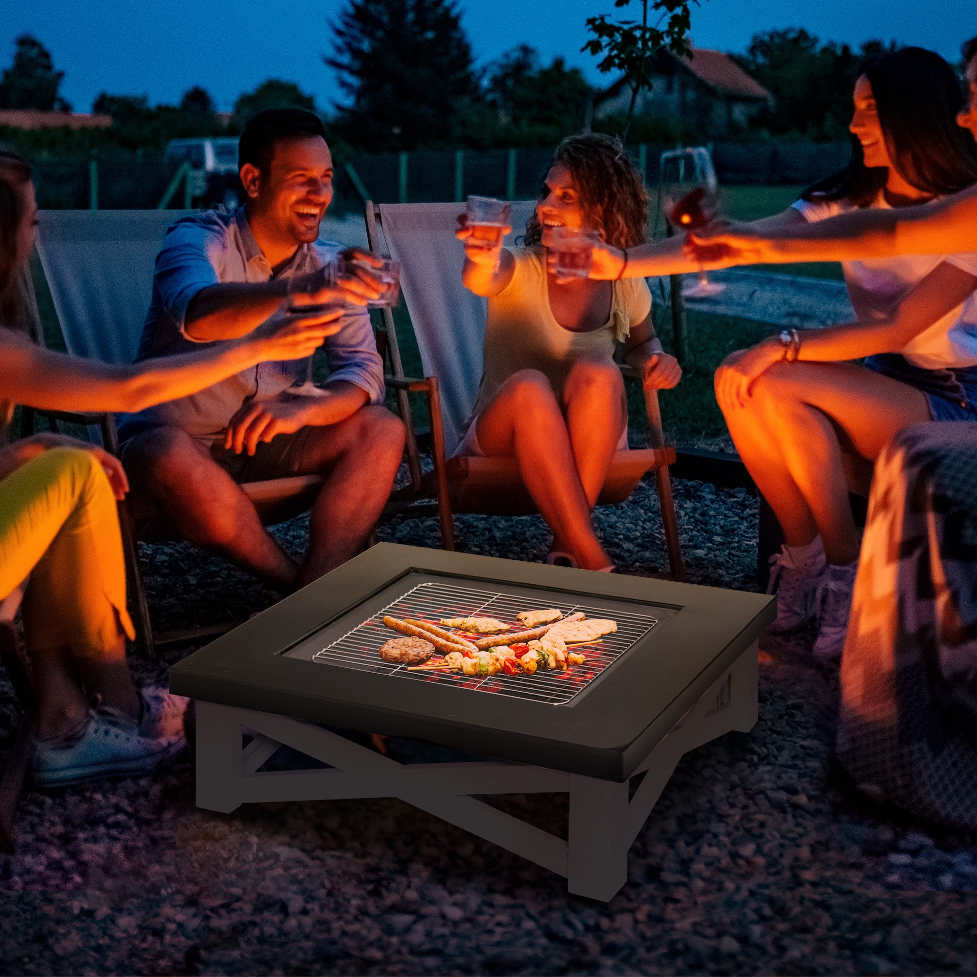 Outsunny Metal Large Firepit Outdoor 3 in 1 Square Fire Pit Brazier w/ BBQ Grill, Lid, Log Grate, Poker for Backyard, Camping, Bonfire, Wood Burning Stove, 86 x 86 x 38cm, Black 