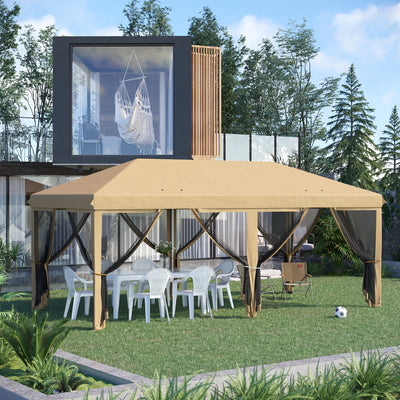 Outsunny 3 x 6m Pop Up Gazebo, Outdoor Canopy Shelter, Marquee Party Wedding Tent with 6 Mesh Walls and Carry Bag, Beige 