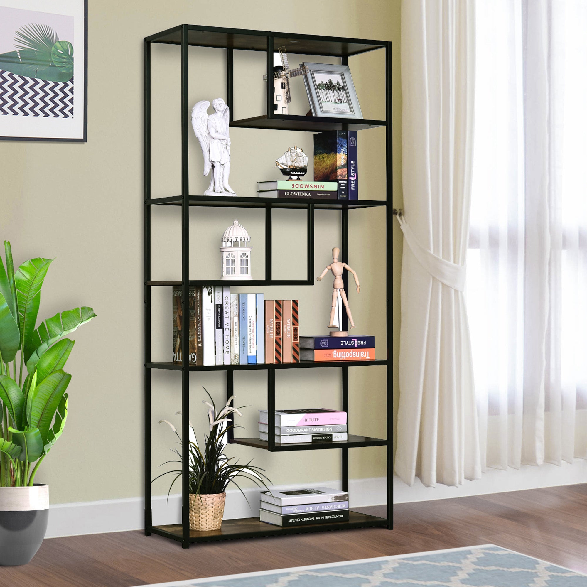 HOMCOM 6 Tier Bookcase, Industrial Tall Shelf Unit with Steel Frame for Home Office, Study, Living Room, Hallway, 82 x 33.5 x 175 cm, Rustic Brown and Black 