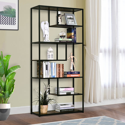 HOMCOM 6 Tier Bookcase, Industrial Tall Shelf Unit with Steel Frame for Home Office, Study, Living Room, Hallway, 82 x 33.5 x 175 cm, Rustic Brown and Black 
