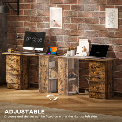 HOMCOM Computer Desk, Writing Table, PC Workstation with 3 Storage Shelves and Drawers, Silver Handle, for Home Office, Rustic Brown 