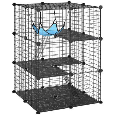 PawHut Indoor Cat Cage DIY Customizable 3-Tier Indoor Cat Enclosure with 3 Doors and Hammock 105 cm Black 