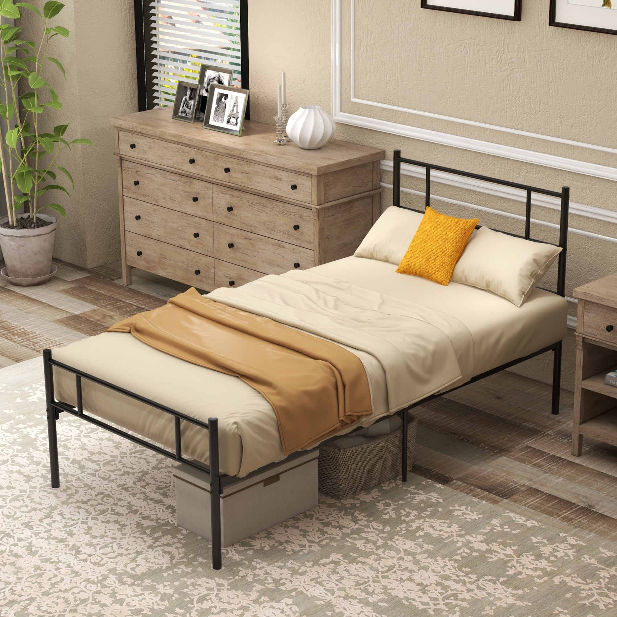 HOMCOM Single Metal Bed Frame Solid Bedstead Base with Headboard and Footboard, Metal Slat Support and Underbed Storage Space, Bedroom Furniture, Black 