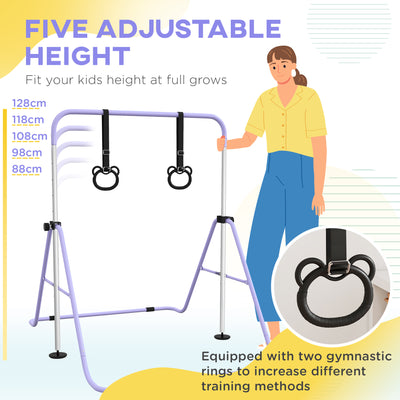 HOMCOM Adjustable Height, Foldable Kids Gymnastics Bar w/ Non-slip Rubber Floor Rings, for 3+ Years, Purple 