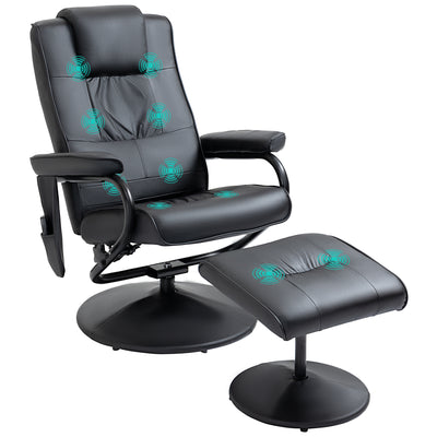 HOMCOM Swivel Recliner Chair and Footstool, Faux Leather Massage Recliner Armchair with Remote Control and Round Wrapped Base, Black 