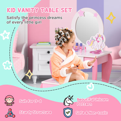 HOMCOM Kids Dressing Table with Mirror, Stool, Pink 