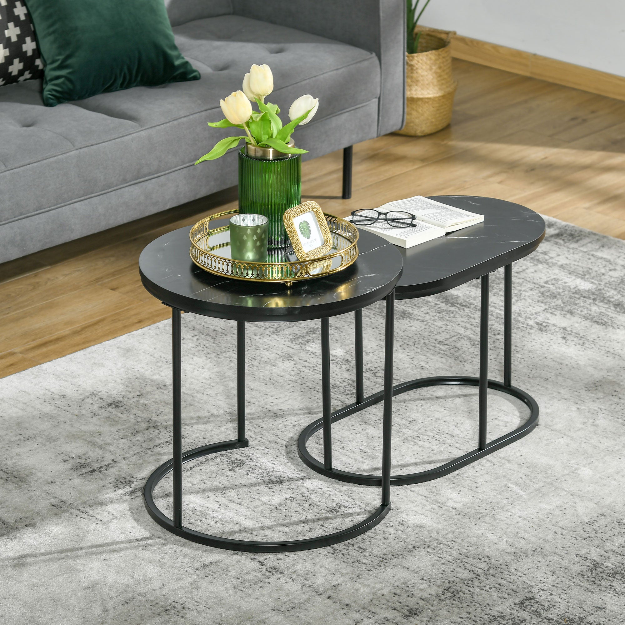 HOMCOM Marble-Effect Nest of Tables - Black/White 
