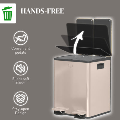 HOMCOM 40L Dual Compartment Stainless Steel Bin, with Deodoriser Holders - Gold Tone 