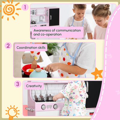 AIYAPLAY Pretend Play Kitchen, Kids Kitchen Playset w/ Toy Phone, Chalkboard, Microwave, Cooking Stove, Sink 