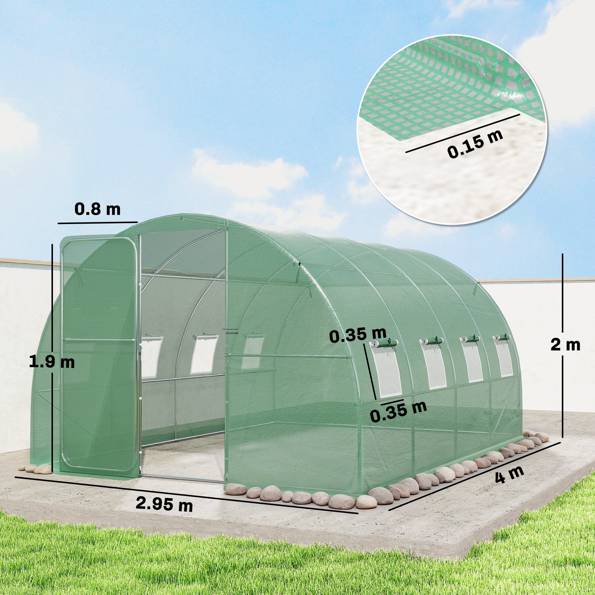 Outsunny 3 x 4 m Walk-in Polytunnel Greenhouse with Hinged Door and 8 Roll Up Mesh Windows, Garden Tunnel Warm House Tent, Green 
