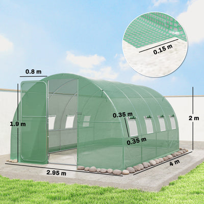 Outsunny 3 x 4 m Walk-in Polytunnel Greenhouse with Hinged Door and 8 Roll Up Mesh Windows, Garden Tunnel Warm House Tent, Green 