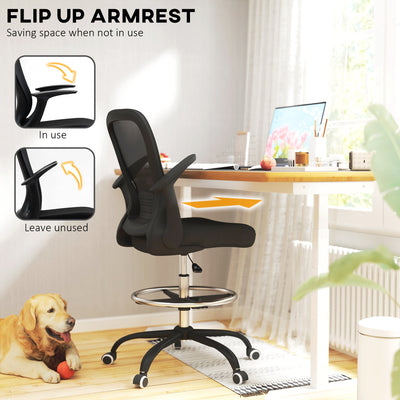 HOMCOM Draughtsman Chair, Mesh Drafting Chair, Ergonomic Office Chair with Flip-up Armrest, Adjustable Foot Ring, Black 
