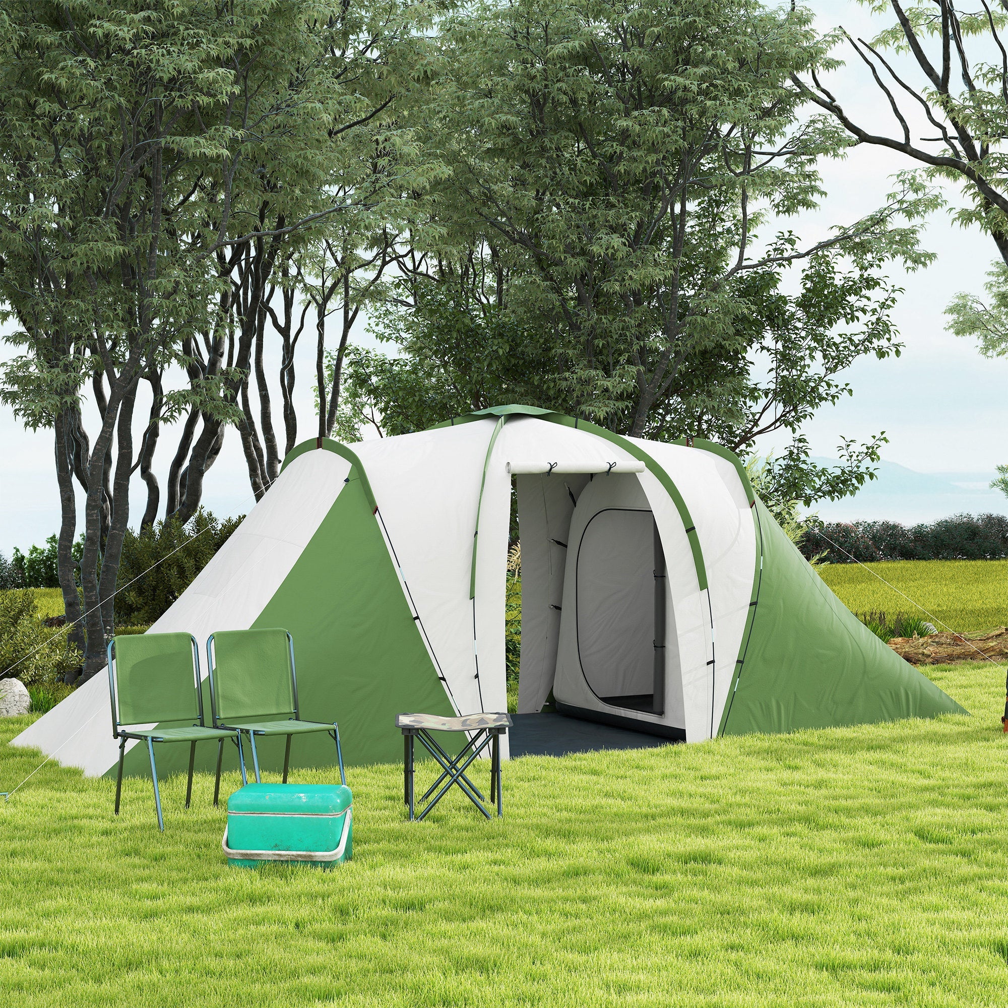 Outsunny Large Camping Tent Tunnel Tent with 2 Bedroom and Living Area, 2000mm Waterproof, Portable with Bag for 4-6 Man, Green 