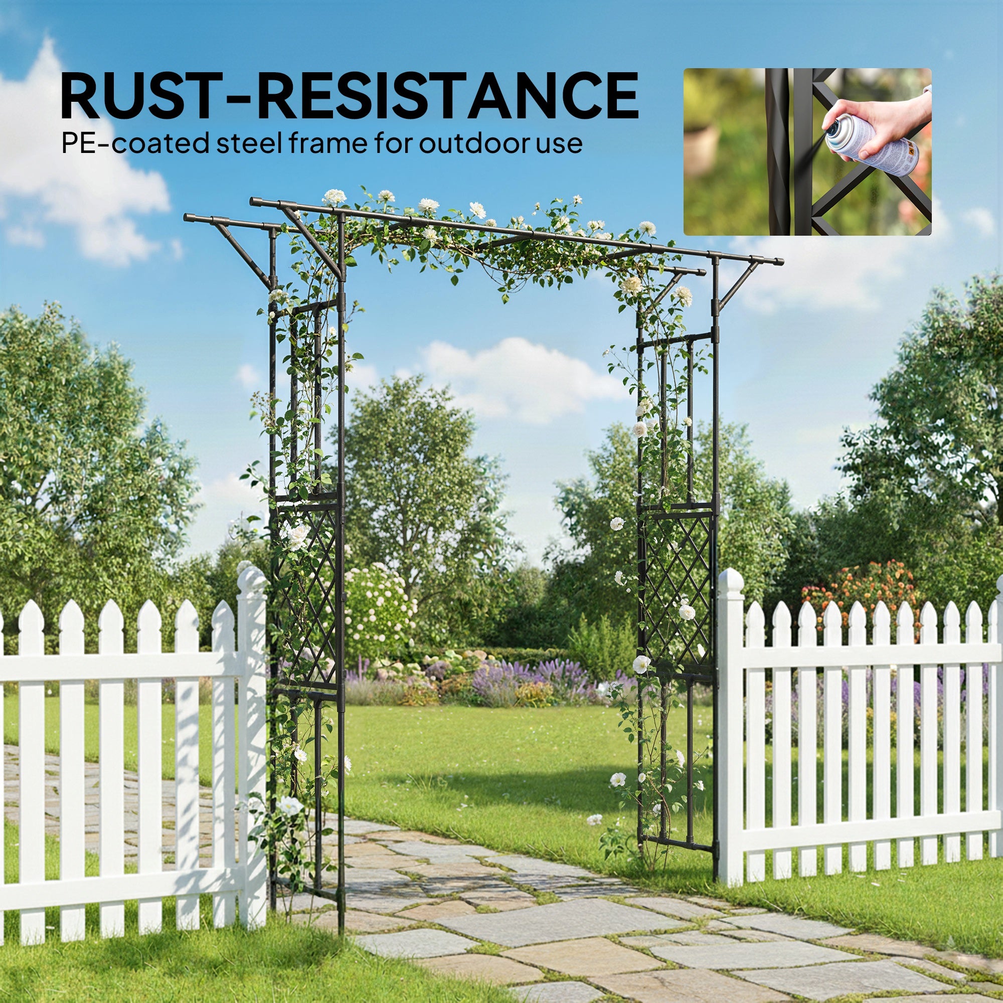 Outsunny Garden Arch, PE-Coated Steel Arbour Trellis for Climbing Plants, Rose Arch, 180 x 40 x 215 cm, Black 