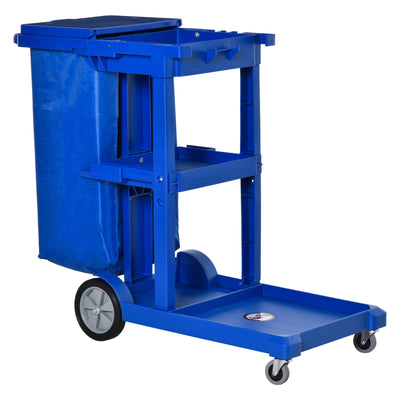 HOMCOM Janitor Cleaning Trolley, with Bin, Shelves and Hooks - Blue 