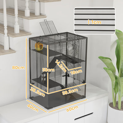 PawHut 4 Tiers Hamster Cage with Deep Tempered Glass Bottom, Hut, Running Wheel, Food Dish, Water Bottle, 60 x 40 x 80cm 