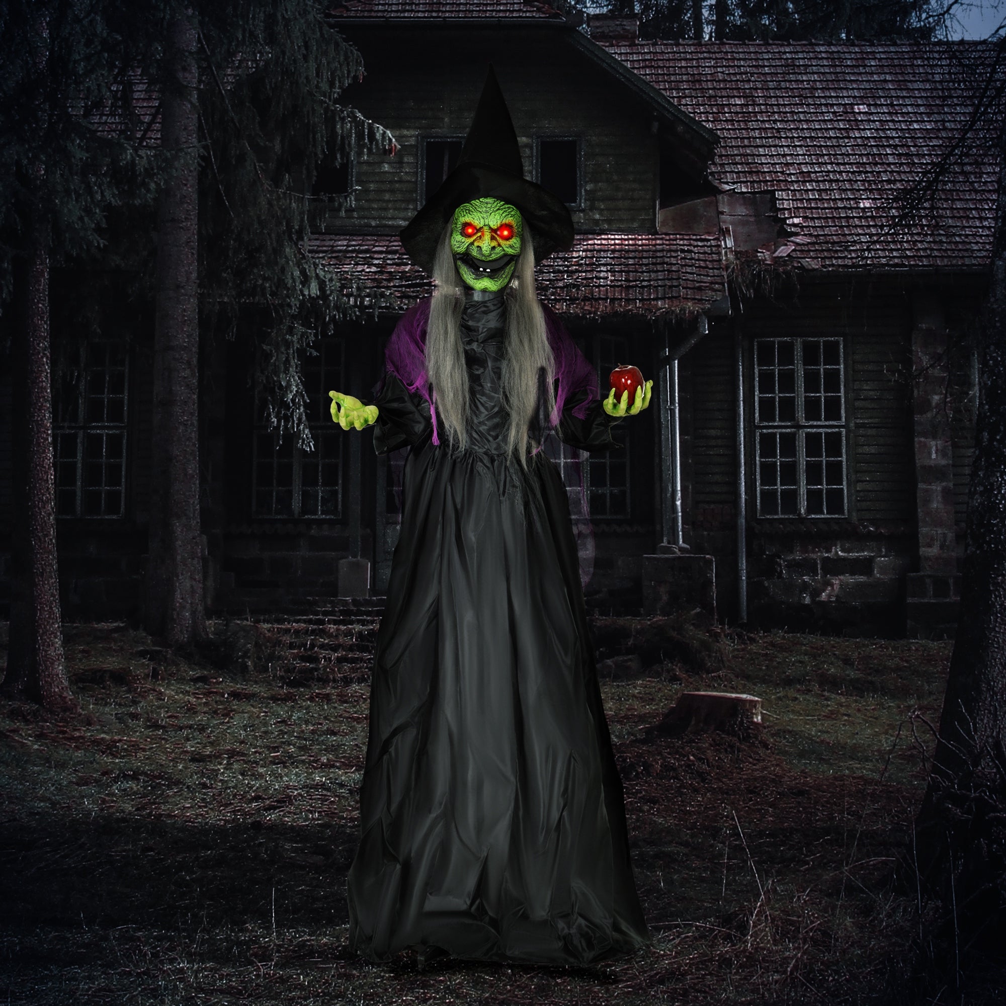 HOMCOM 180 cm Life Size Halloween Animated Standing Witch, Spooky Witch with Glowing LED Eyes,  Battery Operated