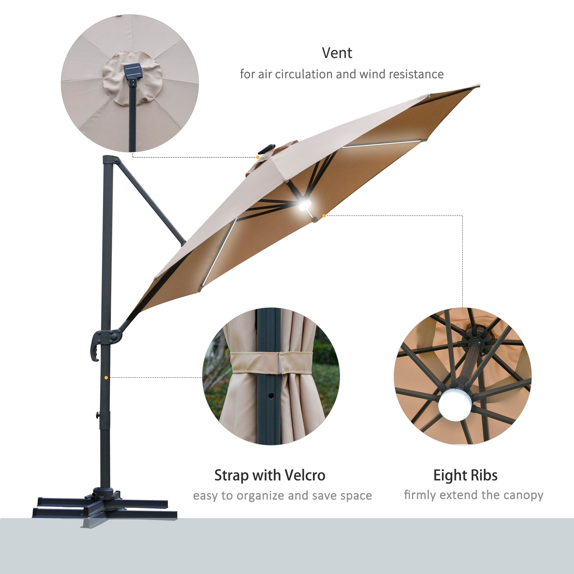 Outsunny 3(m) LED Cantilever Parasol Outdoor Sun Umbrella w/ Base Solar Lights Brown 