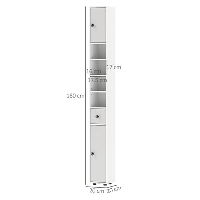 kleankin 180cm Slim Bathroom Cabinet, with Drawer, Shelves and Cupboards - Light Grey 