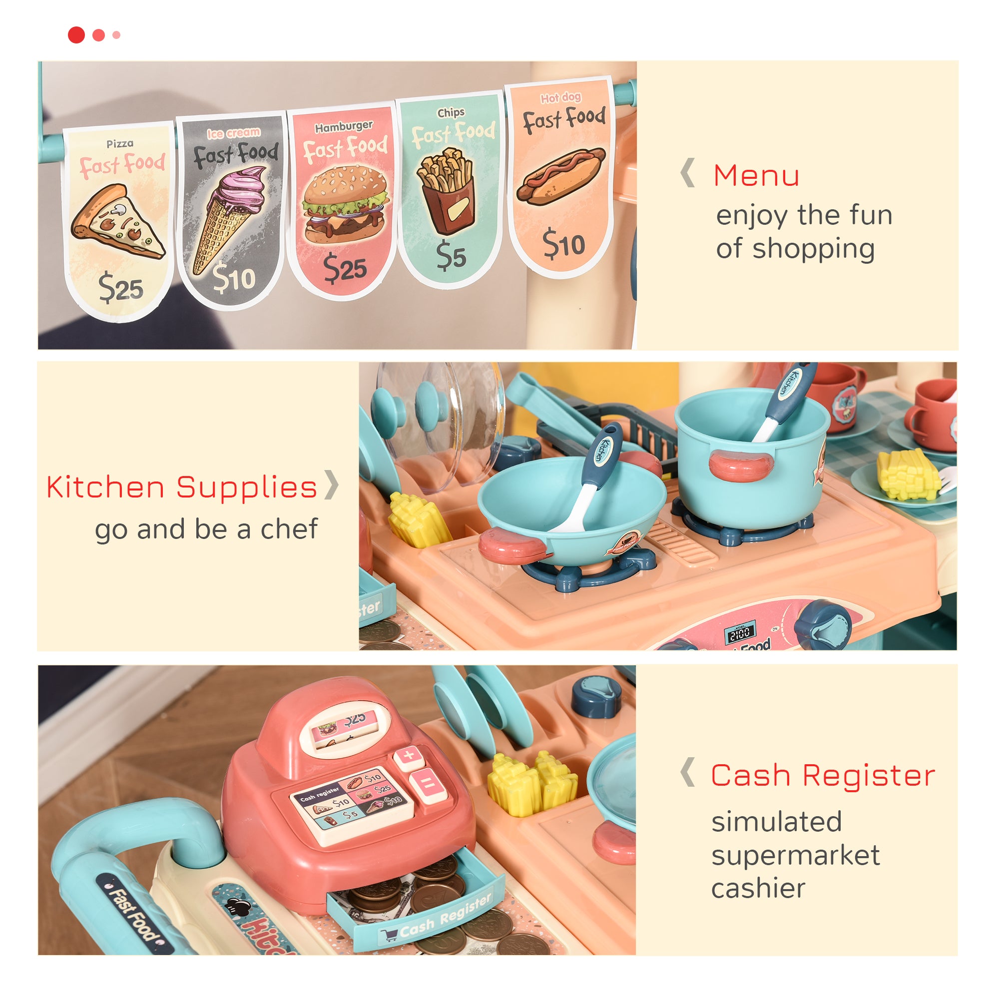 HOMCOM 50 Pcs Kids Kitchen Play set Fast Food Trolley Cart Pretend Playset Toys with Play Food Cashier Register Accessories Gift for Boys Girls Age 3-6 