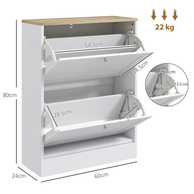 HOMCOM Narrow Shoe Cabinet with 2 Flip Drawers and Adjustable Shelves - White 