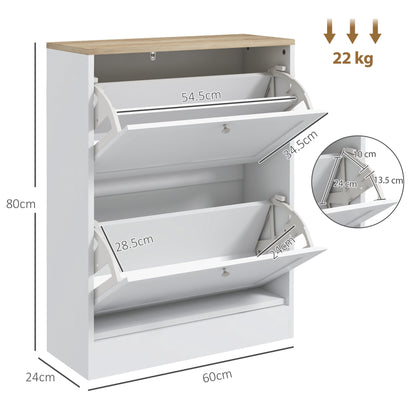 HOMCOM Narrow Shoe Cabinet with 2 Flip Drawers and Adjustable Shelves - White