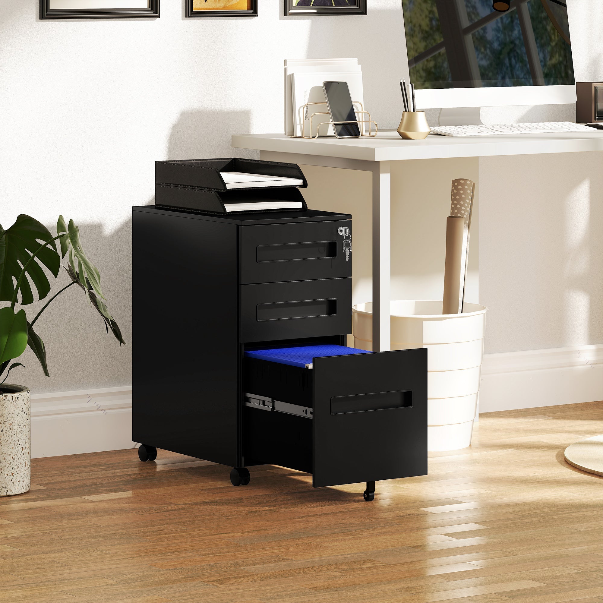 Vinsetto Metal Mobile File Cabinet with Wheels, Lockable 3 Drawer Filing Cabinet for A4, Legal, Letter, Compact Under Desk Storage Unit with Pre-Assembled Body for Home Office, 30 x 43.5 x 60cm, Black 