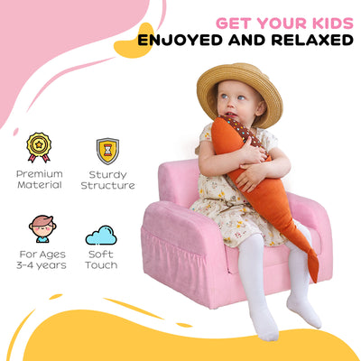 HOMCOM 2-in-1 Kids Armchair, Toddler Sofa Bed, with Wood Frame, for Bedroom, Playroom - Pink 