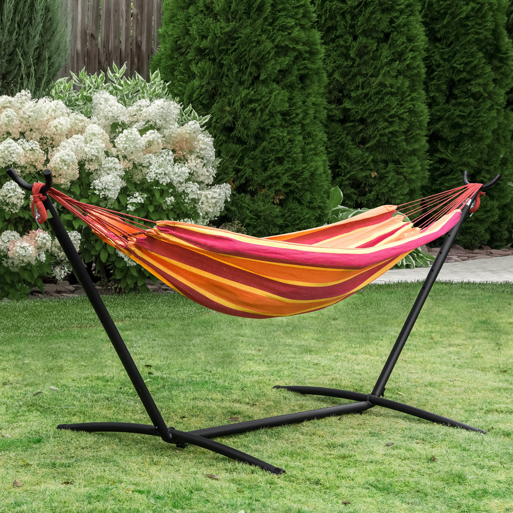 Outsunny 298 x 117cm Hammock with Stand Camping Hammock with Portable Carrying Bag, Adjustable Height, 120kg Load Capacity, Red Stripe 