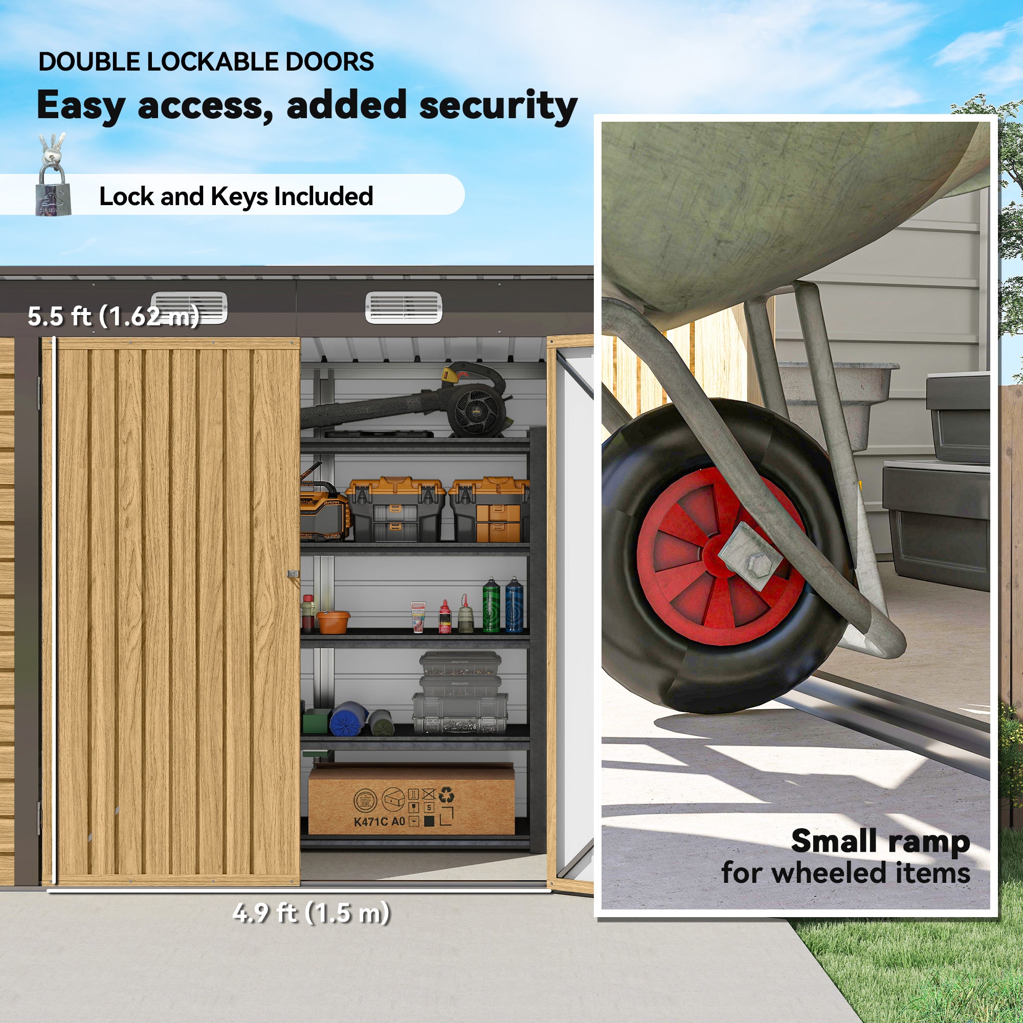 Outsunny 3.7 x 7.9ft Galvanised Steel Shed, with Latched Door and Padlock - Oak 